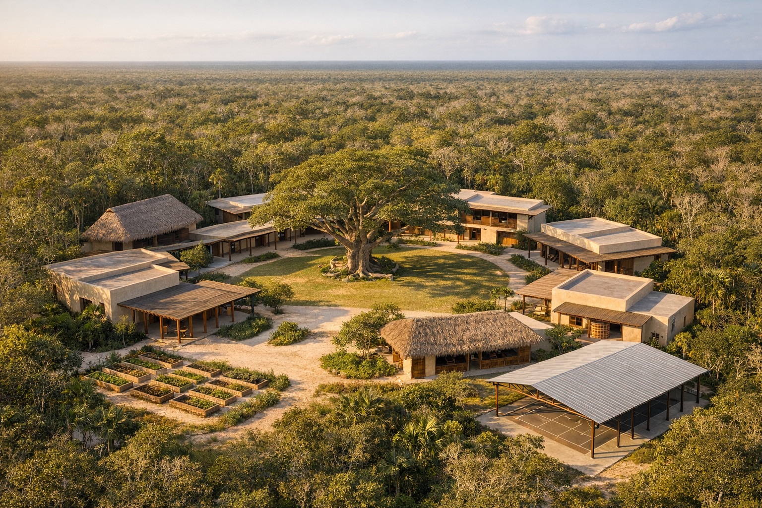Vista aérea del campus de Colegio Ka'ax entre la selva de Tulum